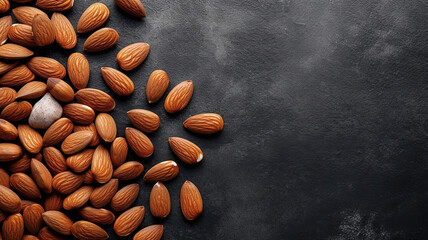 Top view of almonds on dark stone table. Generative Ai