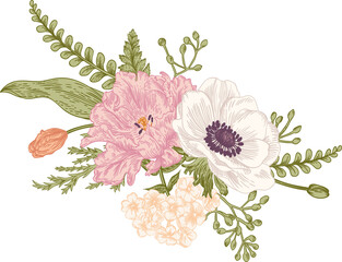 Bouquet with summer flowers in vintage style. Tulips, peony, anemones, ferns, eucalyptus seeds. Botanical illustration. Pastel colors.