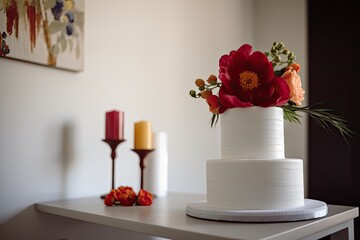minimalist, white wedding cake with simple floral accents, created with generative ai