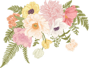 Bouquet with summer flowers in vintage style. Tulips, peony, chrysanthemum, ferns, eucalyptus seeds. Botanical illustration. Pastel colors.