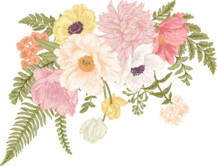 Gardinen Bouquet with summer flowers in vintage style. Tulips, peony, chrysanthemum, ferns, eucalyptus seeds. Botanical illustration. Pastel colors. © Lisla