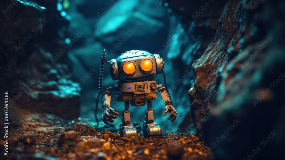 Aufkleber a toy robot is standing in a cave. generative ai image.