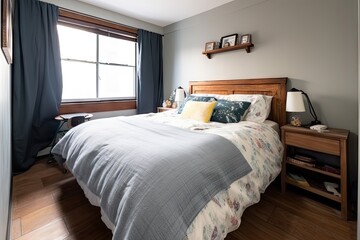 Obraz premium bedroom, with freshly laundered linens and fluffy pillows on the bed, created with generative ai