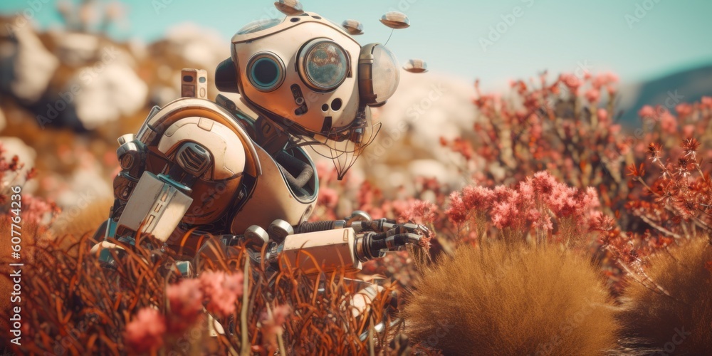 Poster a robot sitting in a field of flowers. generative ai image.
