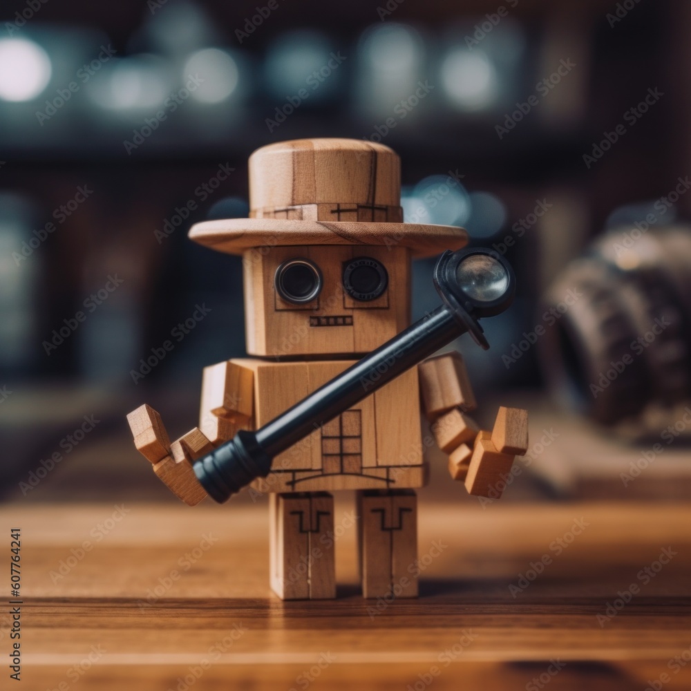 Poster a wooden robot with a hat and a pipe. generative ai image.