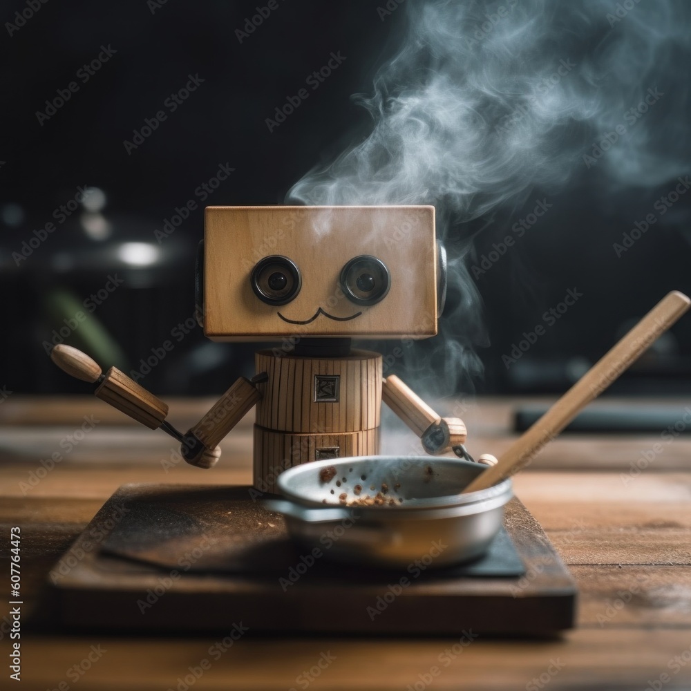 Poster a wooden robot with a frying pan on a cutting board. generative ai image.
