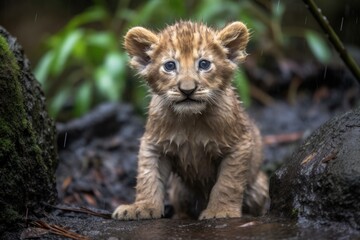 Fototapeta premium newborn lion cub exploring the outdoors for the first time, created with generative ai