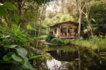 Fototapeta na wymiar cozy eco-friendly cabin surrounded by lush greenery and tranquil waters, created with generative ai