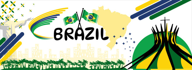 brazil national independence day banner design. brazil flag and map theme with building landmark background. Abstract geometric retro shapes of green and yellow color. brazil Vector illustration.