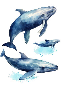 Whale watercolor clipart cute isolated on white background