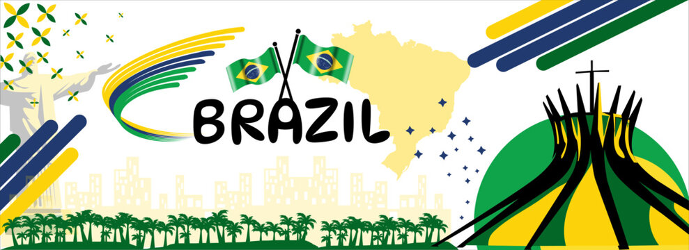 brazil national independence day banner design. brazil flag and map theme with building landmark background. Abstract geometric retro shapes of green and yellow color. brazil Vector illustration.