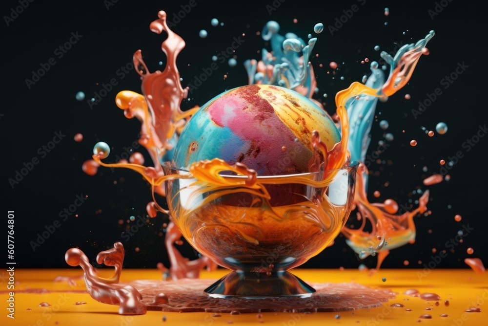 Poster an ice cream sundae with a splash of liquid. generative ai image.