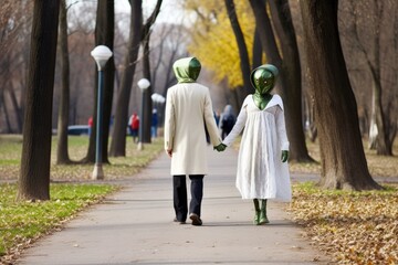 Fototapeta na wymiar alien couple, walking hand-in-hand on romantic stroll through park, created with generative ai