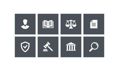 Legal, law, justice, court Icon set. Services lawyer, attorney, notary. Scales justice, gavel book Symbol. Vector illustration