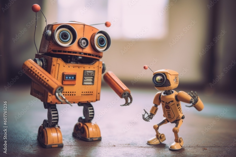 Poster a couple of toy robots standing next to each other. generative ai image.
