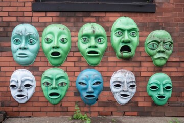alien faces, with their eyes and mouths cut out, spray-painted on a brick wall, created with generative ai