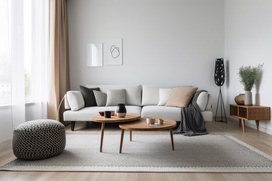 minimalist living room with comfortable sofa and stylish accessories, created with generative ai