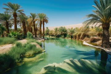 Fototapeta na wymiar oasis with palm trees and crystal clear water surrounded by desert landscape, created with generative ai