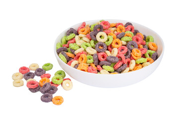 Sweet multicolored flakes, cereal loops. Isolated on a white background.