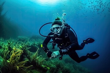 scuba diver with camera in hand, exploring underwater paradise, created with generative ai