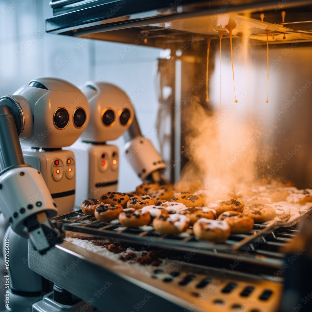 Poster a robot that is cooking donuts on a grill. generative ai image.