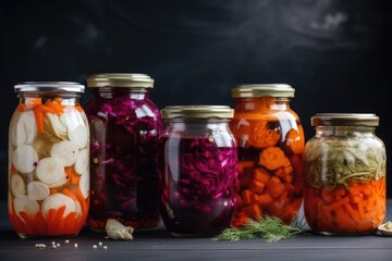 Fototapeta na wymiar glass jar filled with various fermented vegetables, each with its own unique flavor, created with generative ai