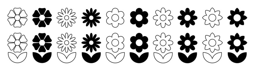 Flowers icon set on white background. Floral pictogram in trendy flat and line style. Nature symbol for decoration design. Vector illustration.