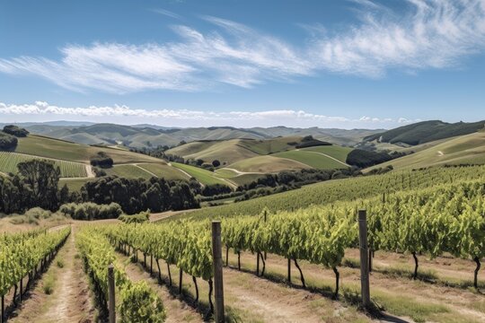 vineyard with rolling hills and blue skies, created with generative ai