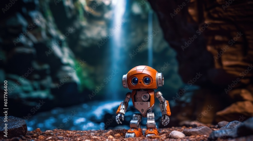 Poster a toy robot standing in front of a waterfall. generative ai image.