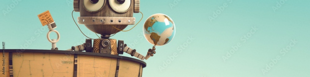 Poster a robot with a clock on top of a building. generative ai image.