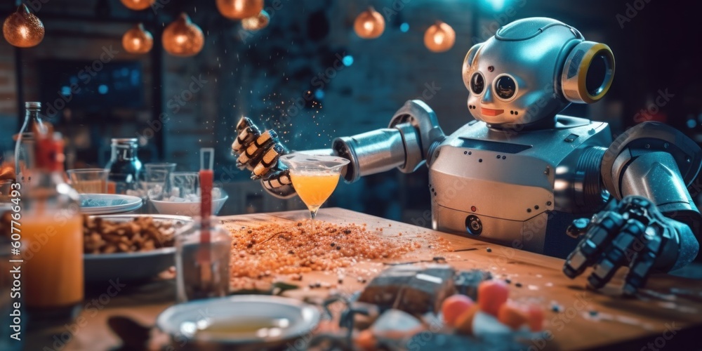 Poster a robot that is sitting at a table. generative ai image.