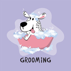 The Cute dog in a bubbles bath in a flat style. Grooming. Pet care illustration for content, label, banner, graphic and greeting card