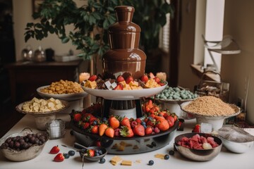 chocolate fountain with fresh fruit and marshmallows for dipping, created with generative ai