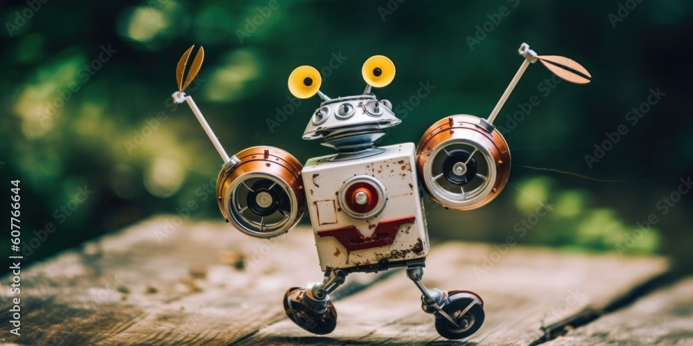 Poster a toy robot with a pair of eyes on it's head. generative ai image.
