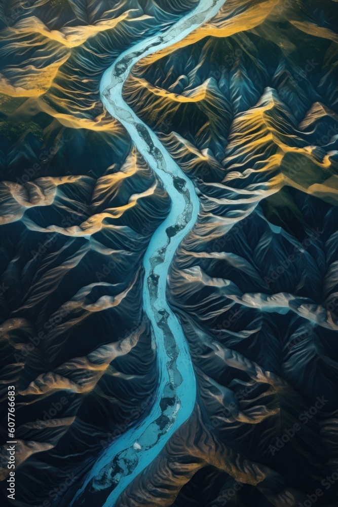 Poster an aerial view of a river running through a valley. generative ai image.
