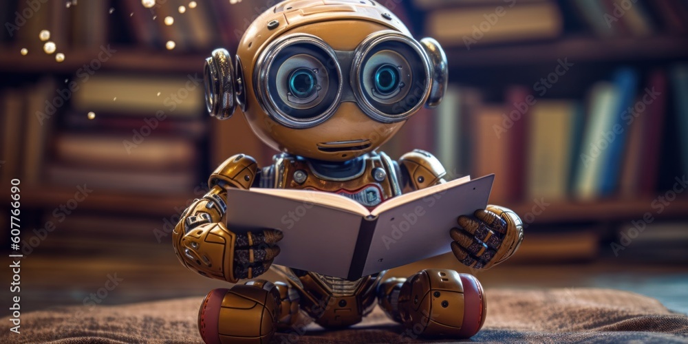 Poster A robot reading a book in front of a bookshelf. Generative AI image.