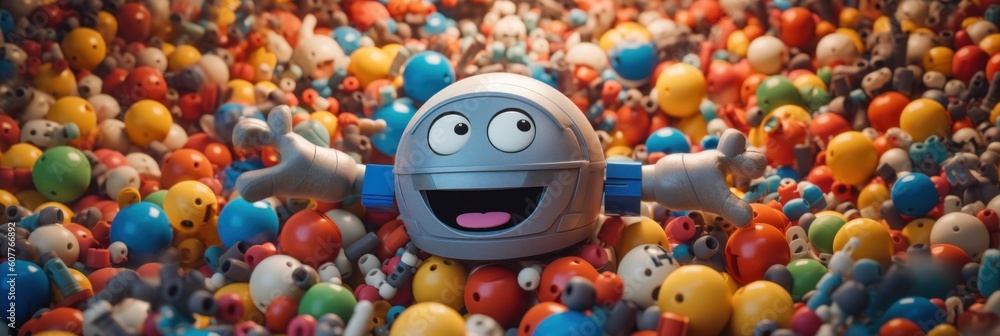Poster a toy robot surrounded by lots of colorful balls. generative ai image.