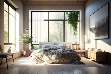 serene bedroom with warm, natural sunlight, casting peaceful and relaxing atmosphere, created with generative ai
