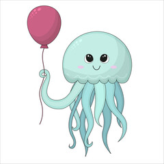 A cute jellyfish is holding a balloon with its tentacle. Vector illustration in cartoon style on a white background. Cute cartoon sea animal for postcards or stickers.
