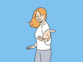 Smiling woman stretch hand to camera invite someone going together. Happy female outstretch arm to screen. Invitation and request. Vector illustration. 