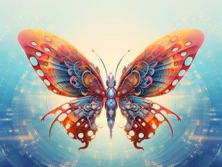 Fototapeta na wymiar A colorful butterfly sitting on top of a blue background. Generative AI image.