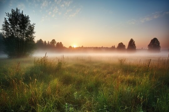 misty morning meadow with clear view of the sunrise in the distance, created with generative ai © Alfazet Chronicles