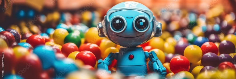 Poster a toy robot standing in a field of colorful balls. generative ai image.