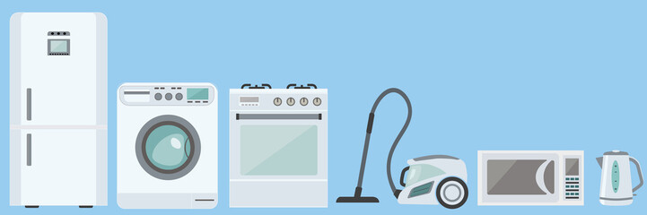 Home appliances refrigerator vacuum cleaner kettle pla primitive on a blue background illustration - obrazy, fototapety, plakaty