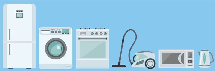 Fototapeta Home appliances refrigerator vacuum cleaner kettle pla primitive on a blue background vector illustration obraz
