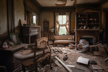 furniture, artifacts and everyday items left behind in abandoned house, created with generative ai