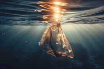 close-up of plastic bag floating in the ocean, with sunlight peering through, created with generative ai