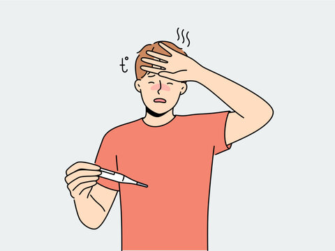 Unwell man suffer from influenza or fever measure high temperature on thermometer. Unhealthy guy struggle with cold of coronavirus. Healthcare. Vector illustration. 