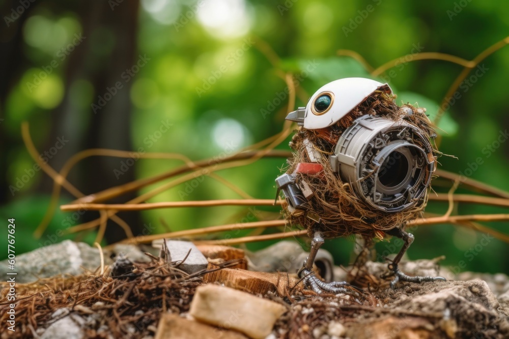 Poster a toy bird with a camera in its mouth. generative ai image.