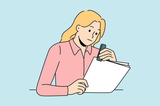 Focused female secretary stapling paperwork in office. Concentrated woman employee busy with organizing paper document at workplace. Vector illustration. 